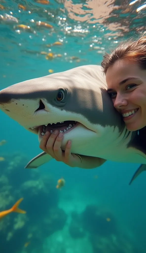 "A touching close-up of a person swimming and petting a great white shark, with their hand gently touching the side of the animal. The camera is focused on the person's face, which shows an expression of admiration and affection, while the shark appears in...