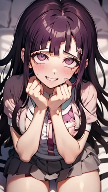 ((mikan tsumiki:1.1)), long hair,purple hair,(purple eyes:1.1),bangs, blunt bangs,Pants,(( danganronpa style:1.4)), shy,break, bandageを巻かれた足,bandage,break looking at viewer,break (sitting on bed:1.1), dim room in the background,
break ( masterpiece:1.2),hi...