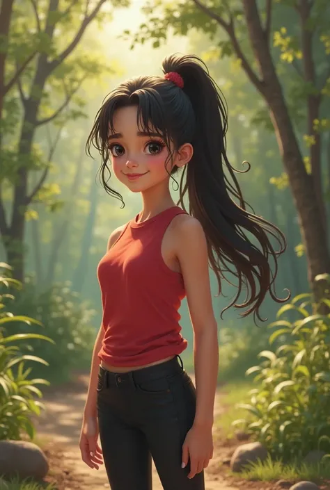 A girl with a ponytail with black hair and black eyes and in red clothes and black pants and pale skin in suburban style she is recharged in a real life wood 