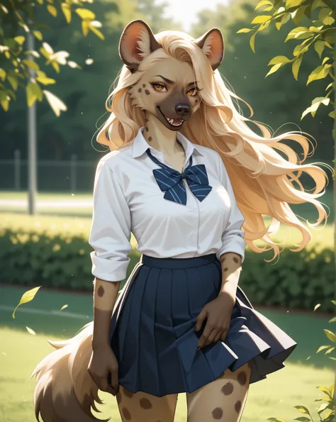 furry hyena , futanari girl , beautiful long hair , school uniform , middle skirt , (erection penis under the skirt:0.5) , (Skirt swells:1.1)