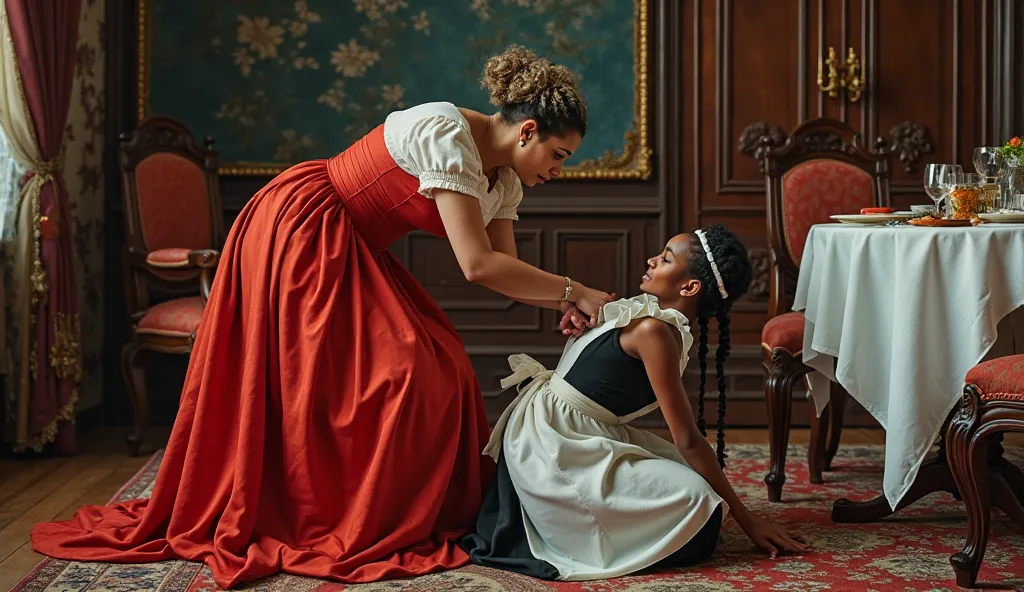 A woman of color, likely in her twenties or thirties, is depicted in a maid's uniform, crouched and struggling beneath a woman in a vibrant red formal gown. The woman in the red dress is of a light complexion and appears to be middle-aged.  The maid wears ...