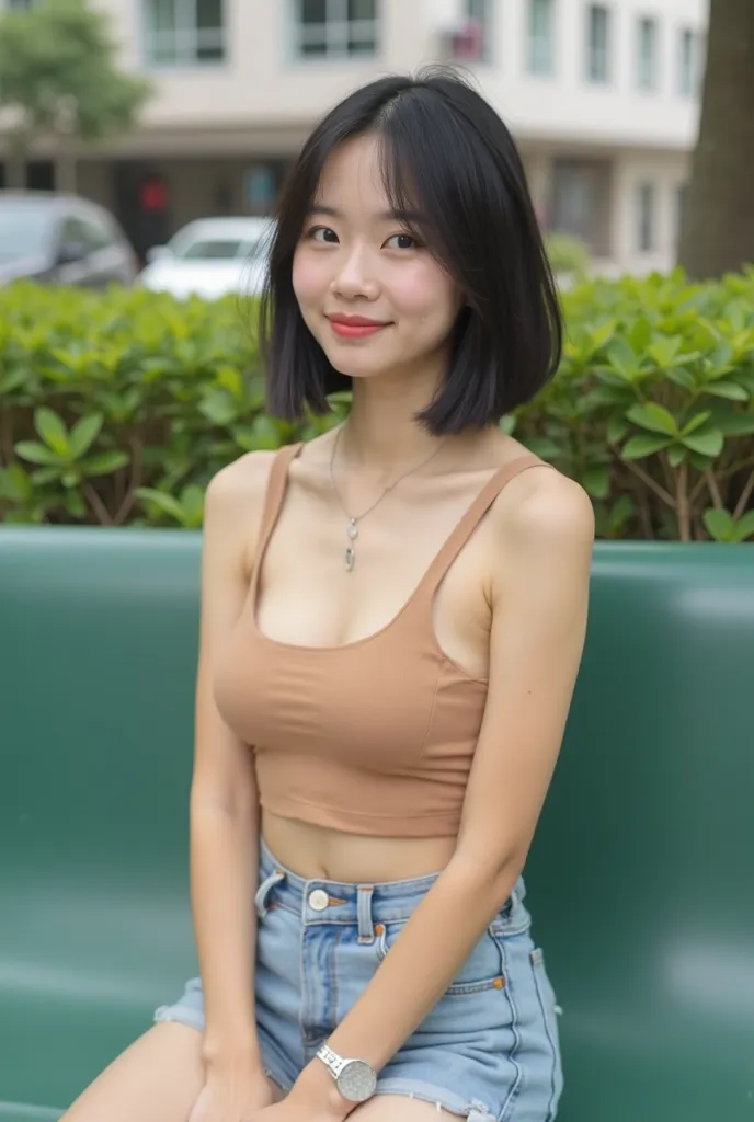 A Thai beautiful slender woman with fair skin and short straight black-blown hair, she is not smiling, little breasts, wearing a light brown crop top and denim short jeans. She's sitting on a green bench. The scene is set in an urban area with buildings an...