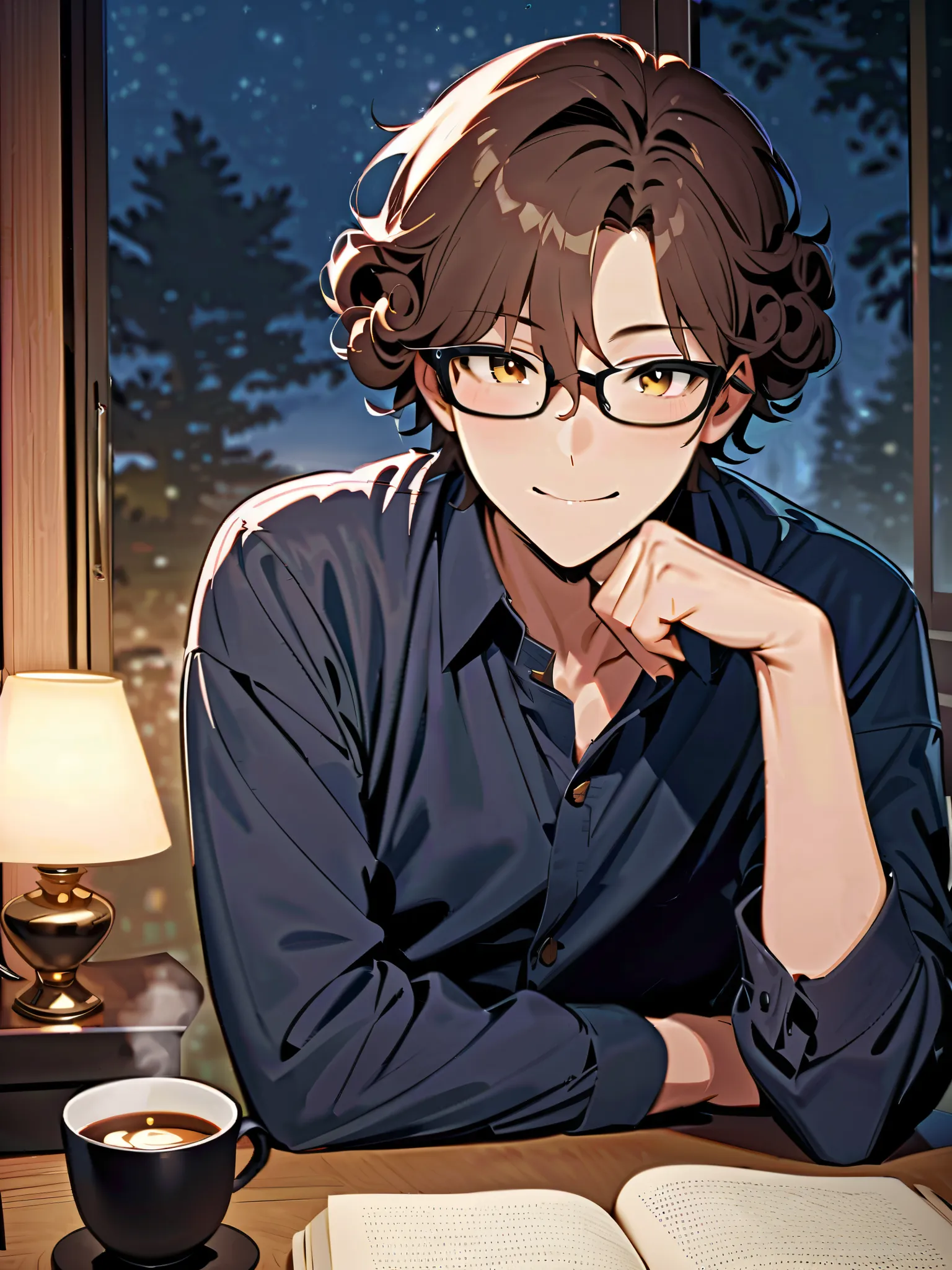   Ultra-fine, Masterpiece,  Awards,   top quality  ,1 person,   Handsome Boy , brown hair, 23 years old,Glasses,Introvert,night, coffee,books,  short hair, Curl perm,Forest outside the window,    kind smile,