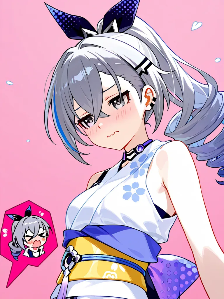 1girl, Silver Wolf \(Honkai: Star Rail\),((best quality:1.4,beautiful detailed eyes)) anime screencap, masterpiece, best quality, solo, No jacket, no glasses. A young woman dressed in cosplay poses confidently against a pink background. giving her a playfu...