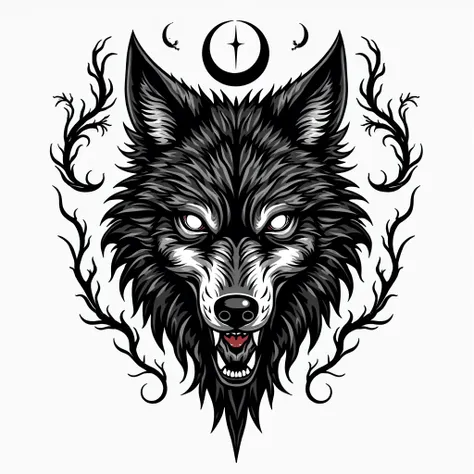 “Design a black and white tattoo stencil featuring a demonic wolf with glowing eyes and sharp fangs. The wolf’s fur appears to merge with swirling shadows and smoke, giving it an ethereal and supernatural feel. Surrounding it are arcane symbols, crescent m...