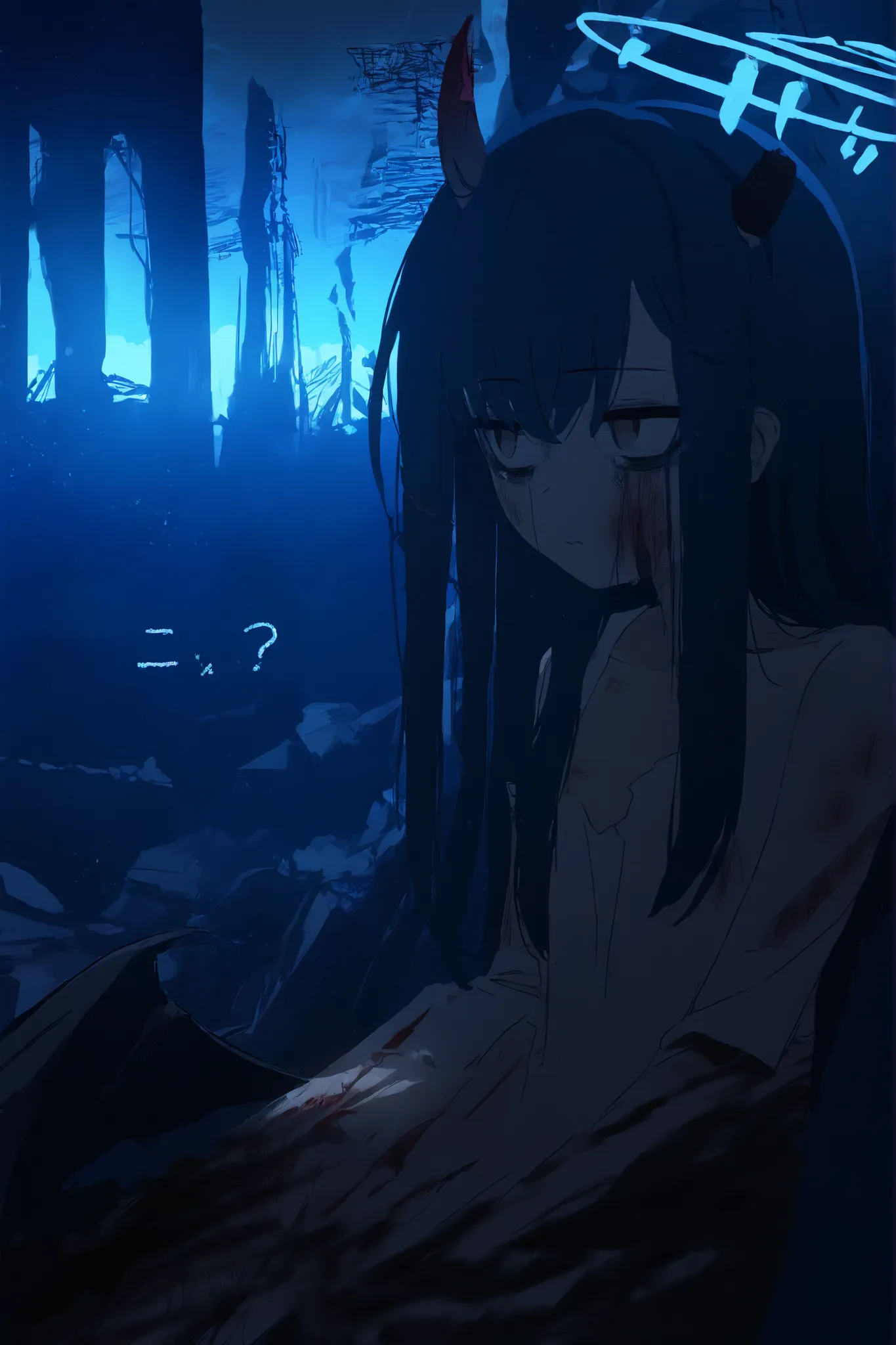 anime(blue archive), 1 girl, halo(blue archive), black hair, hair , halo on the head( Blue Archive), bags under eyes, longhair, horn, devil wings, student, Light bleeding, Instructions , destroyed city, despair, severe injury,  sitting hesitantly, loneline...