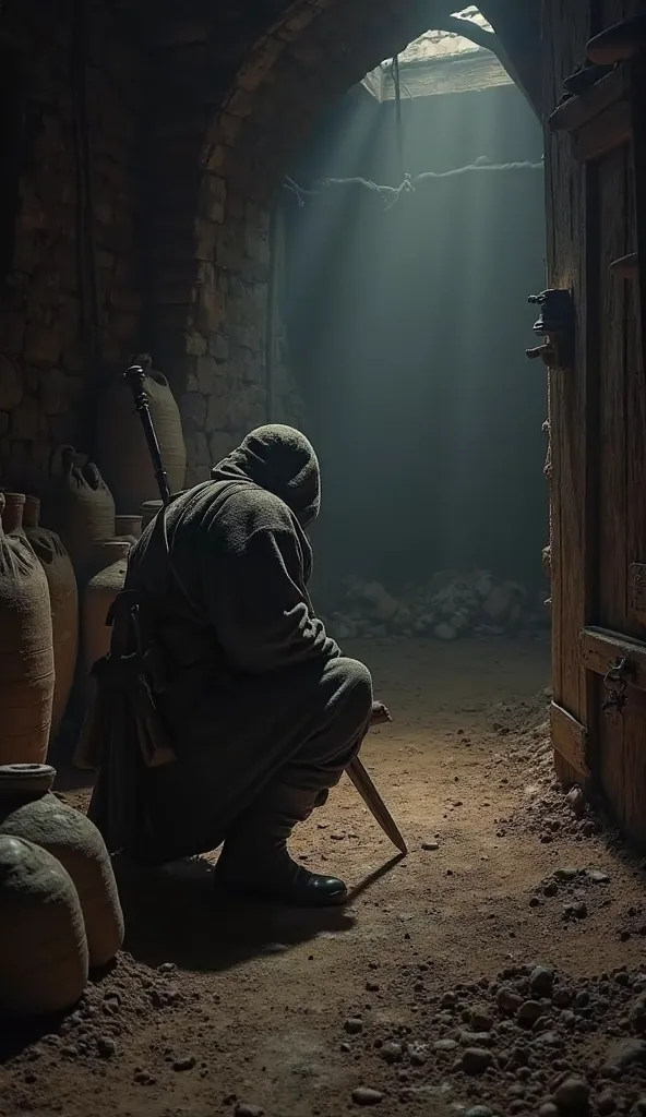 POV of a soldier crouching in a dark basement,  its visible breath in the cold air . Your feet rest on a dirt floor, and your hands firmly hold a sword. The room is filled with clay jugs and grain bags. A small beam of light enters through a crack in the w...