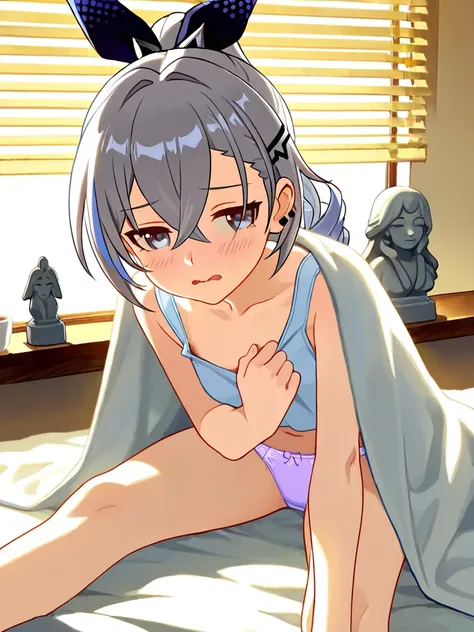 1girl, Silver Wolf \(Honkai: Star Rail\),((best quality:1.4,beautiful detailed eyes)) anime screencap, masterpiece, best quality, solo, A woman creating an intimate and peaceful morning atmosphere. Warm sunlight streams through window blinds behind her bac...