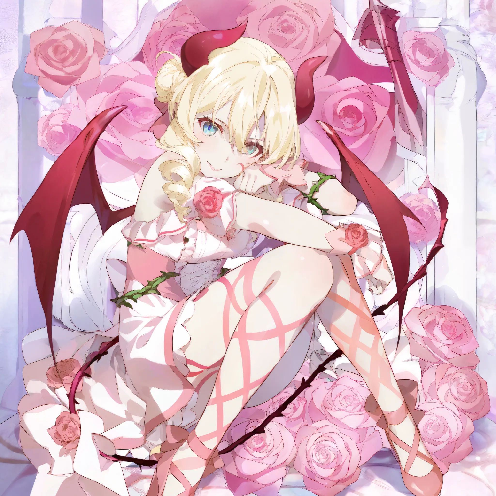 succubus , is mature adult woman. she has light blonde curly hair gathered in one single hair-bun, some curls are escaping from her hairstyle. Her eyes are pink with narrow pupil.  She has golden and pink tattoos of roses and demonic sigils of lust on her ...