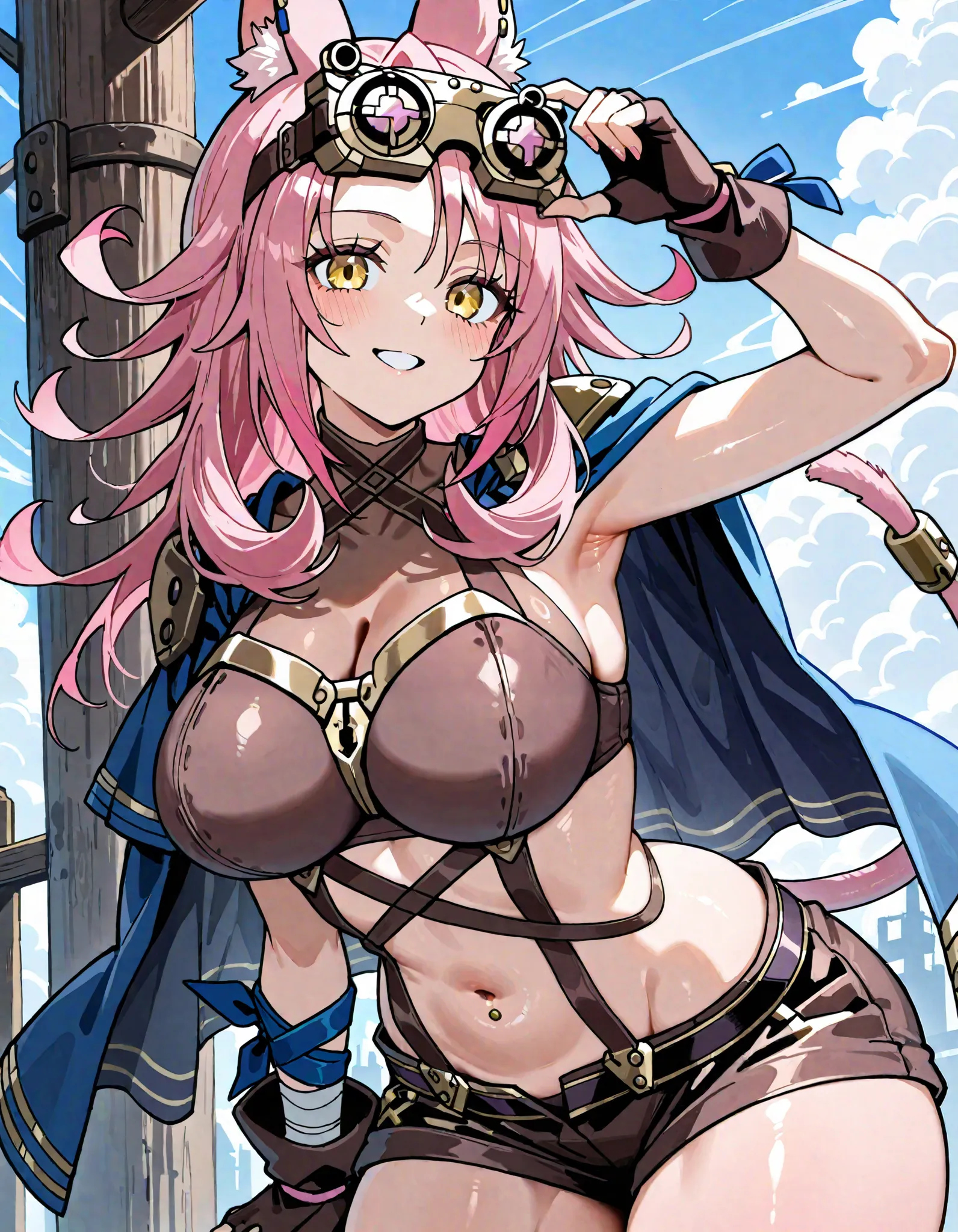 Tri-Brigade Ferrijit the Barren Blossom Pink Hair Yellow Eyes Beauty Goggles Shorts Belly Button Out Blue Cape Tail Fingerless Gloves Beautiful Breasts Nice Buddy Love Cowboy Shot