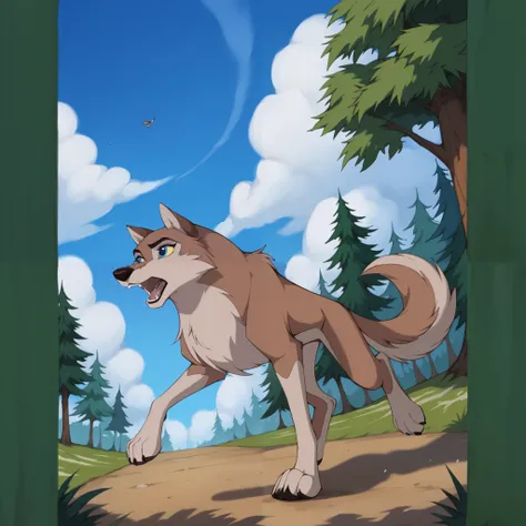 score_9, score_8_up, score_7_up, score_6_up, aleu, open mouth, blue eyes, outdoors, sky, day, blue sky, no humans, colored sclera, dog, animal focus, animalization, 1girl, wolf, animal, body fur, two tone fur, yellow sclera, full body, running, trees, show...