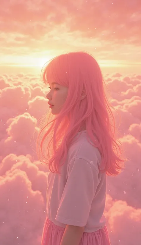 A young girl in a dreamy pink world. Her soft pink hair flows gently under the warm glow of the setting sun. The scene has the texture of an old film photograph, with a slightly faded quality and a warm, nostalgic tone. The background is filled with soft p...