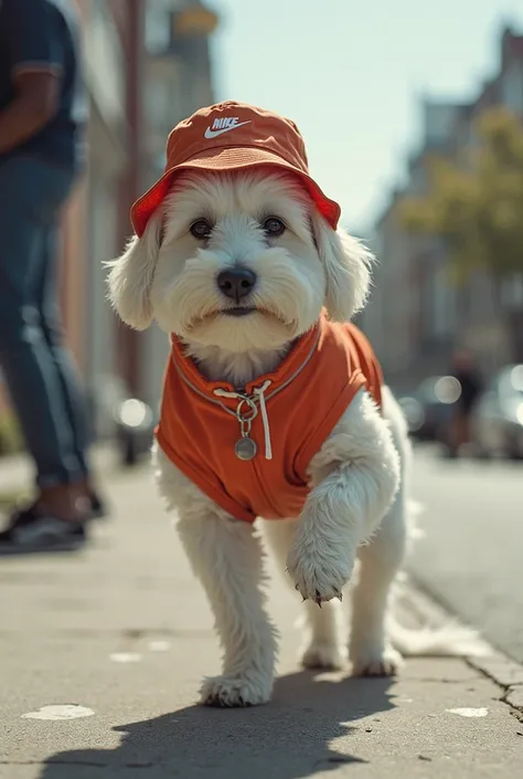 A surreal photo of a short-nosed, straight-haired white dog wearing Nike gear and a bucket hat、a surreal photo of a straight-haired, long-haired, pure white puppy breakdancing in front of a circle、There's a boombox on the corner  