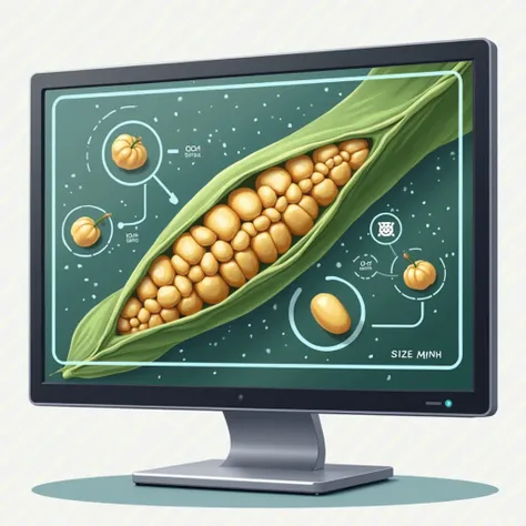 a photorealistic illustration of a computer screen displaying a close-up view of a soybean. The soybean is surrounded by a digital frame, and the computer is highlighting key features such as the size, shape, color, and any defects. The overall style shoul...