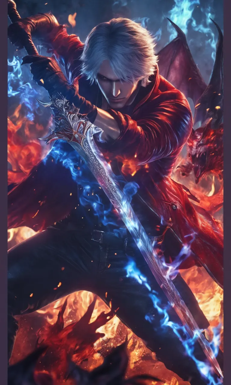 a beautiful man with a devil vampire sword in his hand surrounded by flames, badass 8 k, epic artwork, son of sparda,  wallpaper 4k,  wallpaper 4 k, 4k wallpaper, epic  style, art wallpaper 4 k, art wallpaper 4k, dante devil vampire from devil vampire may ...