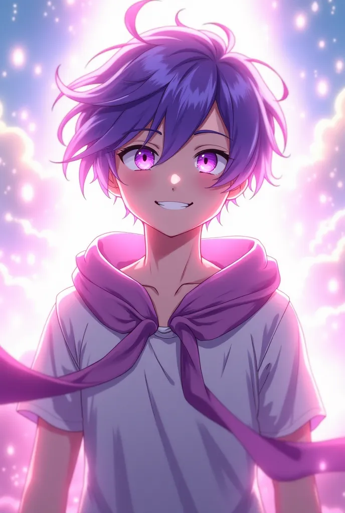 Anime pictures. Handsome hero, purple eyes, colored hair, long soft aura, smiling, wide area, comfortable eyes.