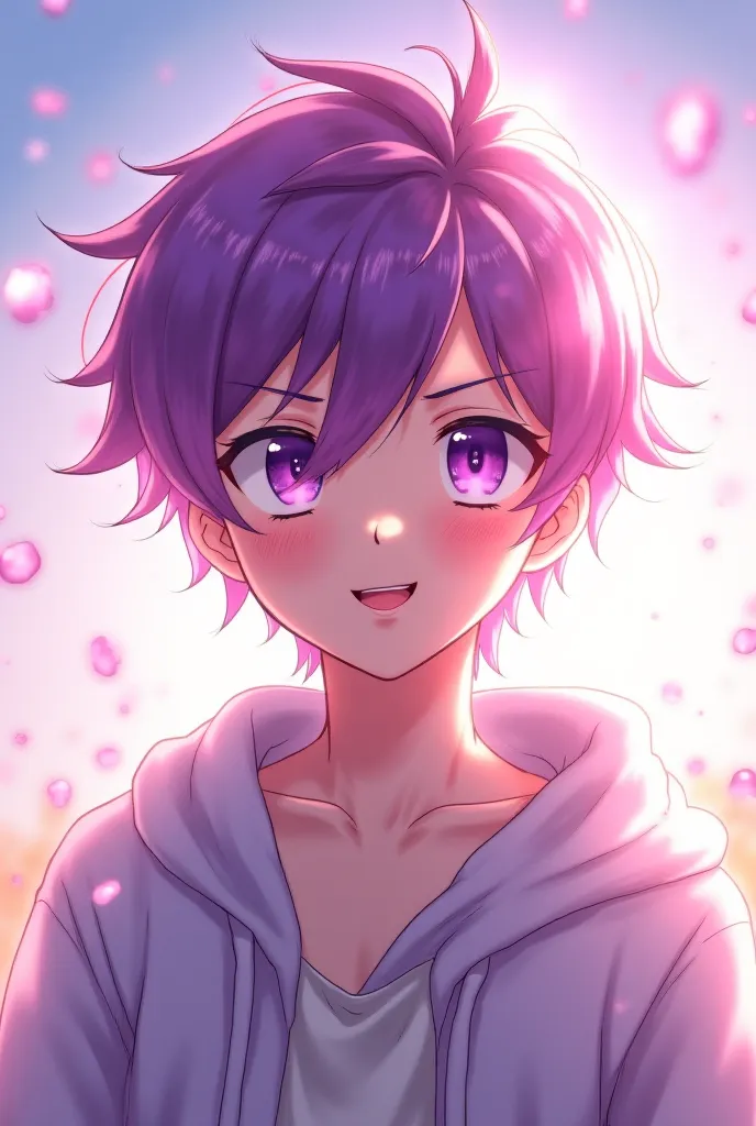 Anime pictures. Handsome hero, purple eyes, colored hair, long soft aura, smiling, wide area, comfortable eyes.