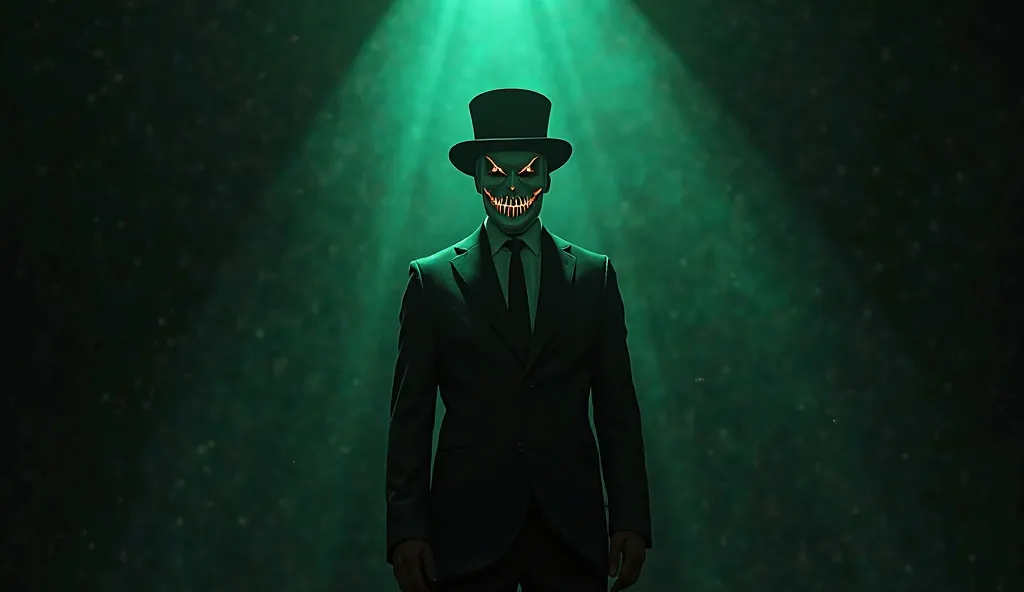 A  in a suit, top hats and a mask that covers the entire face, This mask has no eyes, just a smile with pointed, white teeth. He is under a green spotlight in a totally dark setting