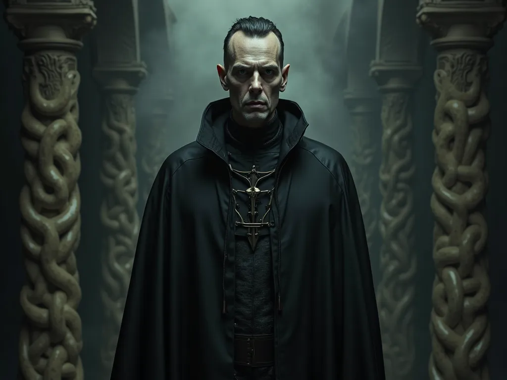 priest,  black leather, believer in a macaroni monster, surreal portrait, dark mystical,  highly detailed , 4K, HDR,  studio lighting , photorealistic, deep shadows, An eerie aura,  Gothic elements , sinister look, hypnotizing presence,  HaiArt Figure Form...