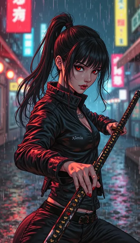 A fierce and deadly half-Asian female Yakuza boss in a high-detail anime style, mid-action as she slices through an enemy with a katana. Her long dark hair is tied back in a sleek ponytail, strands flowing with the motion of her strike. Her sharp, intense ...