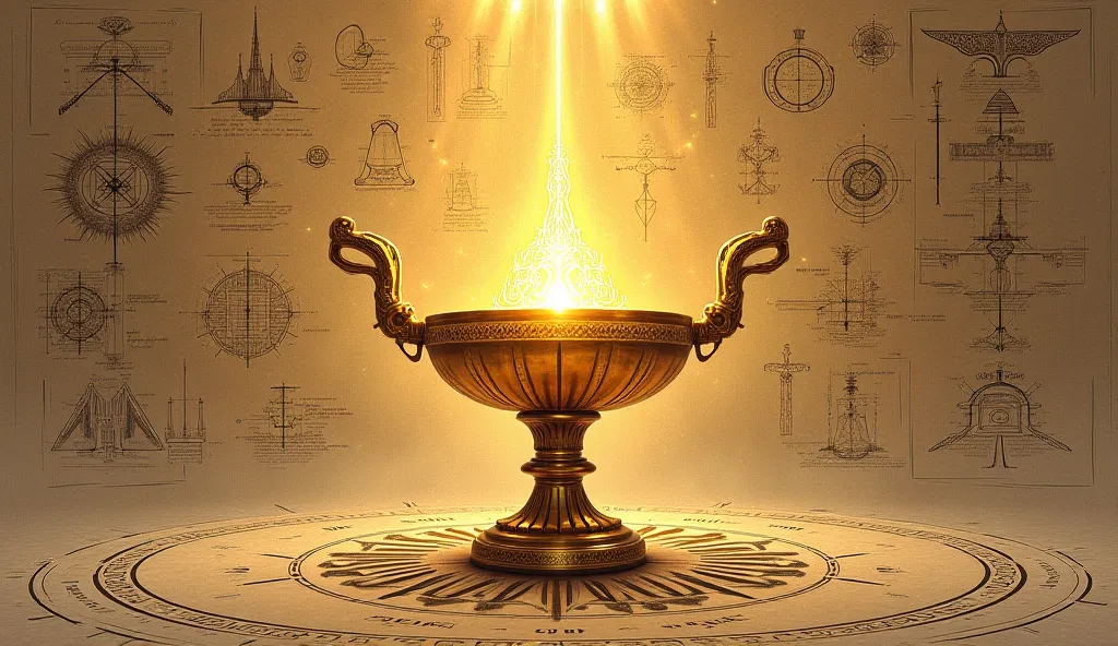 Sketches of various theories, depicting an ancient lamp, gold plating, and spiritual purposes.

