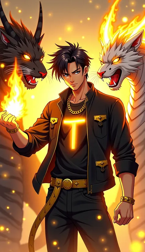 "A handsome young man of 25 years old with dark hair in the middle, wears a black jacket with gold accents and a T-shirt with a glowing 'T' logo.  in his hand , he controls blazing yellow flames,  creating dramatic effect . Beside him, a black tiger and a ...