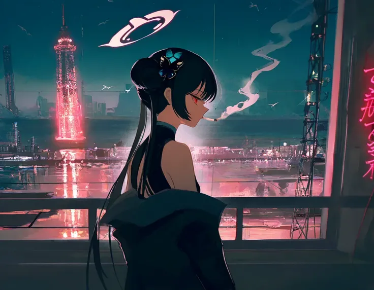 Sunrise, being on the balcony, smoking, long sleeves, white breath, winter theme, lazy dark circles under the eyes,looking away, ,Telephone pole, a small bird in the distance, 
,kisaki (blue archive),,Cyberpunk cityscape ,The Tower of Babel shines in neon ...