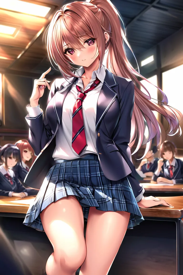 (TOP QUALITY:1.2,  Anime Artwork ,  anime style,   studio animation , very well detailed,  latest,  vibrant, anime coloring, high contrast,  masterpiece:1.2, TOP QUALITY,  BEST AESTHETICS),  blue plaid pleated skirt when you take off your bra :1.5, RED TIE...