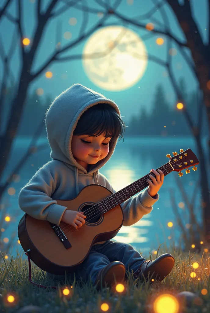 An animated musician in a hoodie strumming a guitar beside a calm lake, with leafless trees and a bright moon reflecting on the water. Soft glowing fireflies scattered around.