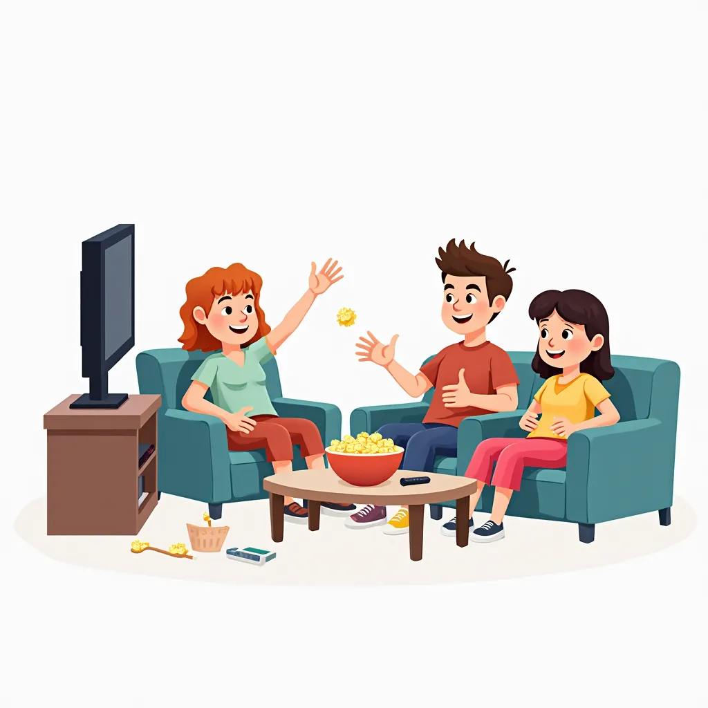 Prompt for the Past Image ("We watched TV")
"Create an image on a plain white background in a realistic cartoon style featuring a group of people who have already finished watching TV. Depict them in a post-watching moment—perhaps sitting on a couch with t...