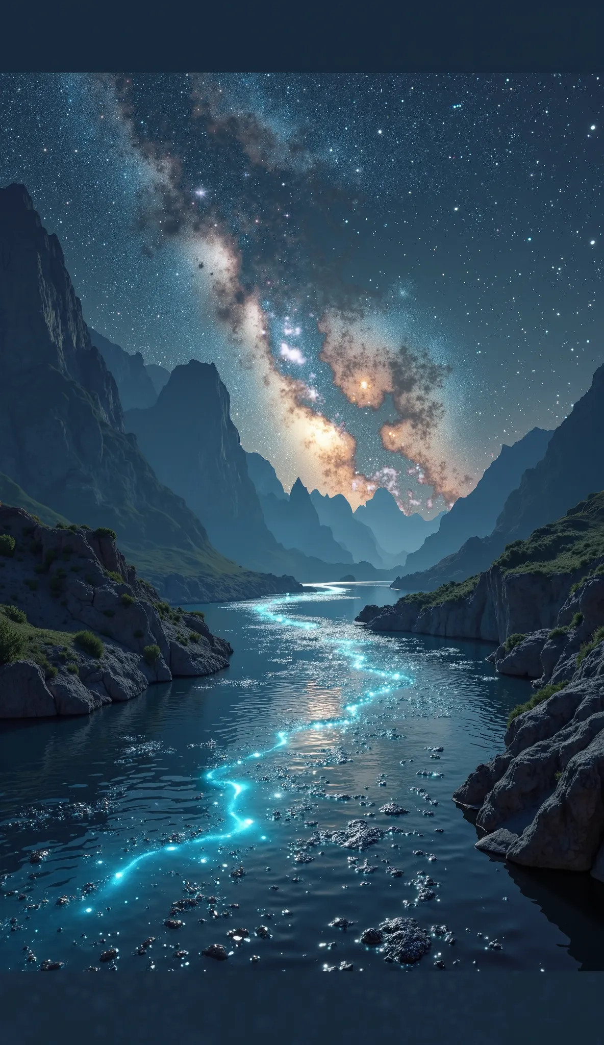 the river that flows from the heart of the galaxy
A stream of bright mercury-like liquid flows through space, scattered around it by small stars that cause light ripples whenever it touches its surface. . The reflection of lights on the surface of the rive...