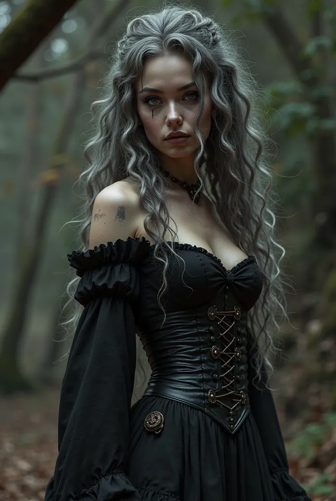 Photorealistic, high resolution, A Slim Japanese witch, busty, Yamamba, double d cup, solo, heavy makeup, Hips up, (Detailed face), long curly hair, Long hair, greying hair (extremely detailed),  Yamamba dress with a corset bodice. Ragged clothes. Good Hig...