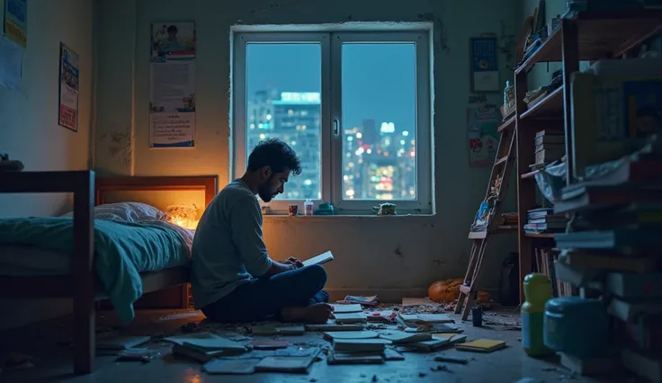 Prompt 2: "Create a scene where Aditya is sitting on the floor of a small room, books scattered around him. He is balancing between working during the day and studying at night, showing the toll on his body but the unwavering strength in his spirit. The ro...