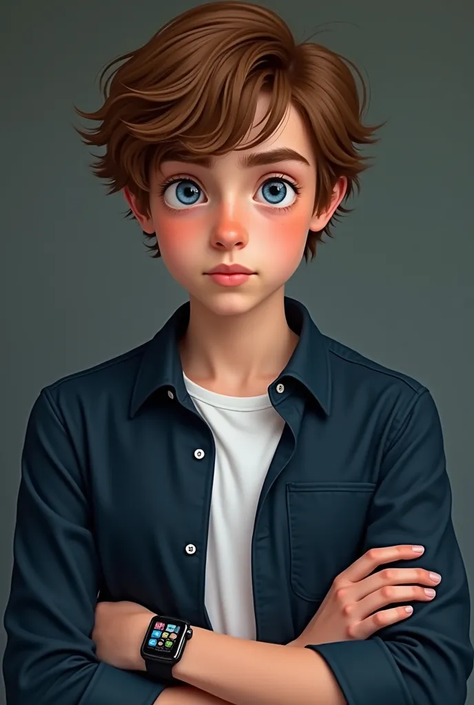 Create a character named Arthur Watson-Grint, the 18-year-old son of Rupert Grint and Emma Watson. Arthur is a handsome young man, with fair skin, short brown hair (military cut), in the same shade as his mother's hair, piercing blue eyes and a look that c...