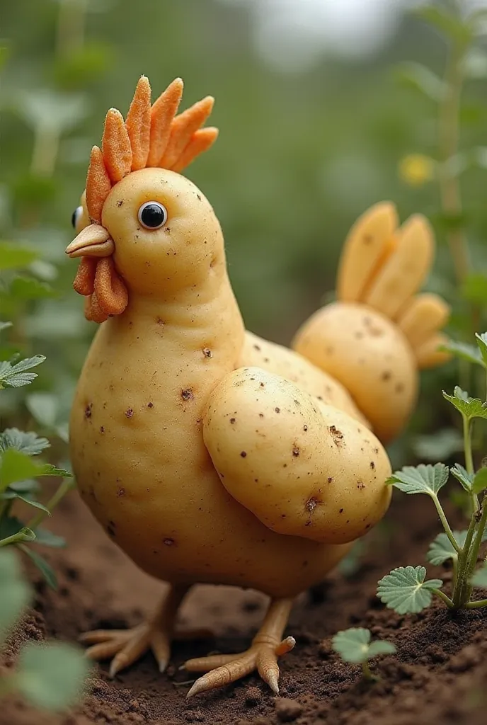 A creative and imaginative image of a hen made entirely of potatoes. The hen's body is shaped from a large potato, with smaller potatoes forming its wings, tail, and legs. Tiny potato leaves sprout from the body, adding a natural and organic texture. The h...