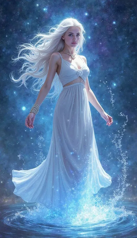 Create an image inspired by the Aquarius sign. The illustration must portray a heavenly and ethereal figure, surrounded by a flow of luminous water that represents the watery, sign symbol. The setting must be futuristic and cosmic, with shades of blue, pur...