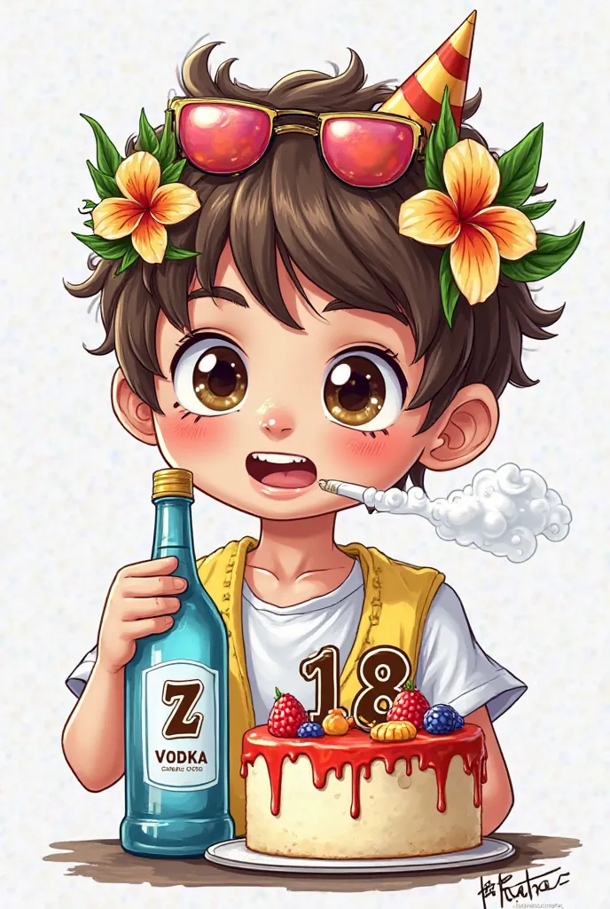 Generate a drawing easy to redraw, colorful but in style as if this  was drawing, boy brown hair who has adorable, z bottle of vodka, has a cake with number 18, Hawaiian wreath and party glasses on the hair on his head raised, can have a cigarette between ...