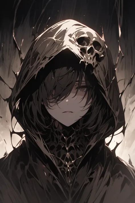 bone、pith 、Blood、hood、best quality, masterpiece, detailed face, detailed, palate mask, black hood, hood over eyes,　skull, hair over eye、 dark beige hair、 mekakure, hair over eyes,covered eyes