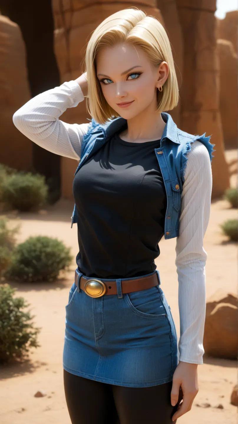  High quality,  official style,  Android 18, Short Hair, blue eyes, blond hair,  Wicked Smile , Evil Grimace, Android saga,  classic outfit ,  black shirt,  Long Sleeves Leather, socks, earrings,  belt, black tights, denim, denim skirt,  striped sleeves , ...