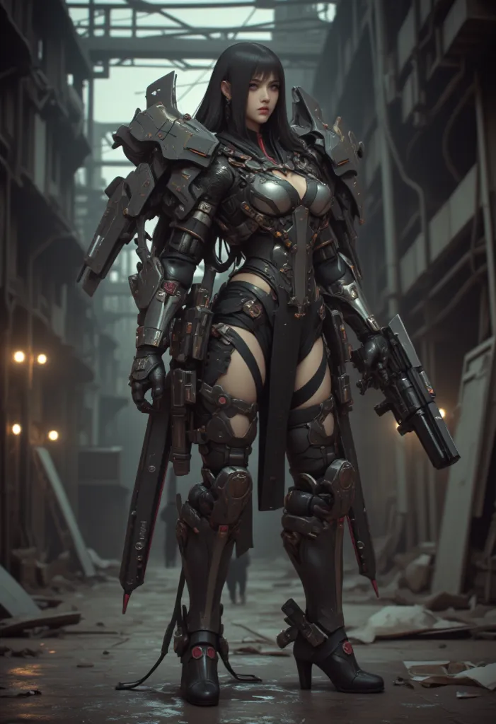 visual effects cinematic futuristic cyborgpunk style a beautiful woman indonesian cybogpunk suit sexy pose jirah mecha elite fighter cyborg punk robotic wing plate mechanical long combat futuristic holding rpg abandoned place futuristic tndustrial factory ...