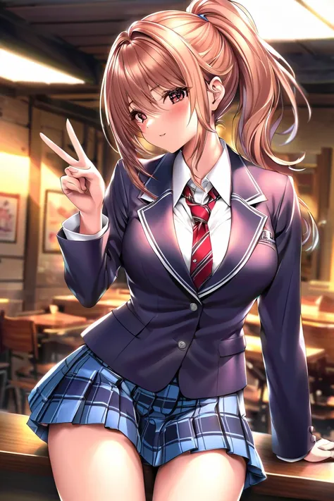 (TOP QUALITY:1.2,  Anime Artwork ,  anime style,   studio animation , very well detailed,  latest,  vibrant, anime coloring, high contrast,  masterpiece:1.2, TOP QUALITY,  BEST AESTHETICS),  blue plaid pleated skirt when you take off your bra :1.5, RED TIE...