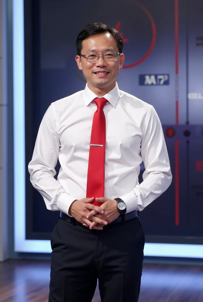 - A Vietnamese man, about 30 years old , wearing a white shirt,  black trousers , and wears a red tie.
- He stands on a television stage with the background being the logo of the broadcaster and professional lighting.
rear screen, neat hair, and wearing gl...