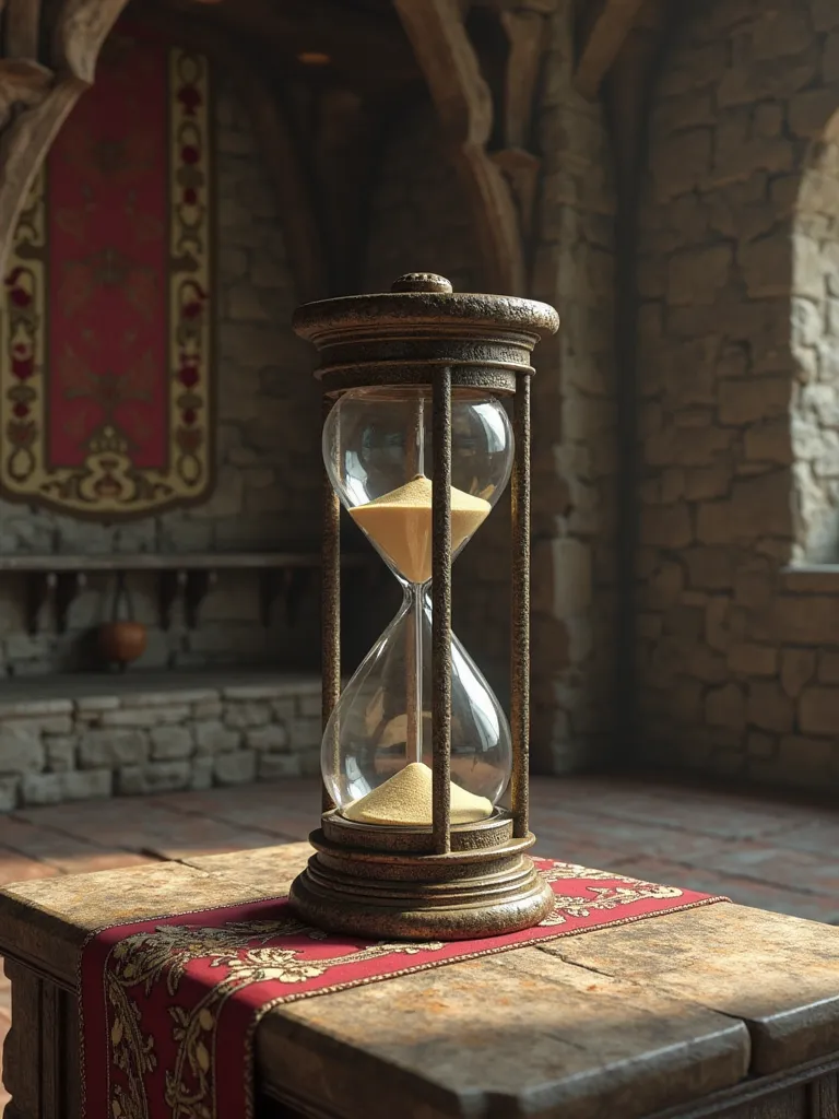 Medieval room interior, clearly highlighting a large half-empty hourglass 