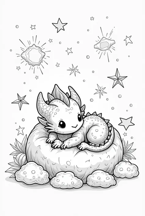 A cute baby dragon curled up with a soft blanket, surrounded by fluffy clouds and twinkling stars. Black-and-white line art with bold, clean outlines, minimal shading, and a whimsical, magical feel."