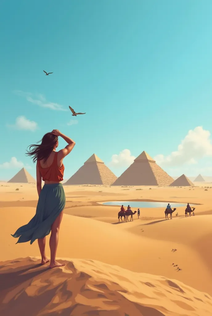 Cena 3: Looking at the Pyramids in the distance
Prompt: *"point"point de vista de uma pessoa levantando a mão para proteger os olhos do sol escaldante enquanto observa as majestosas Pirâmides de Gizé ao longo. The warm wind blows sand, and falcons circle i...