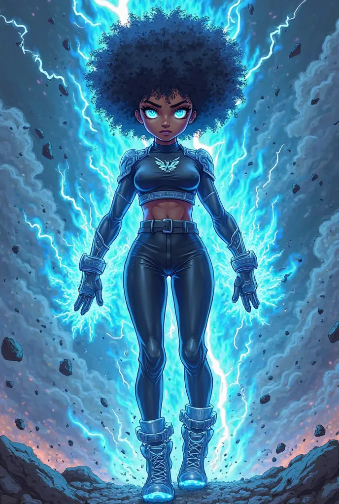 Future Warrior manga anime style, Black teenage girl with afro hair turning into a blue-haired warrior, vibrant blue eyes and various beams of blue energy, rays coming out through the body, black clothes with futuristic boots. Background destroyed by light...