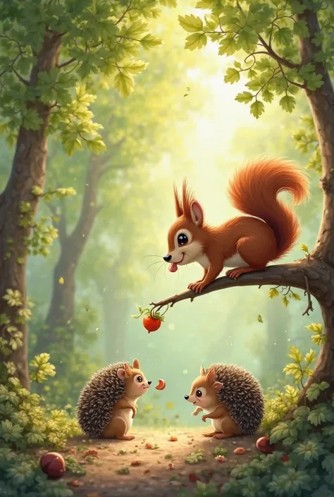 1 squirrel shares food with 1 hedgehog 