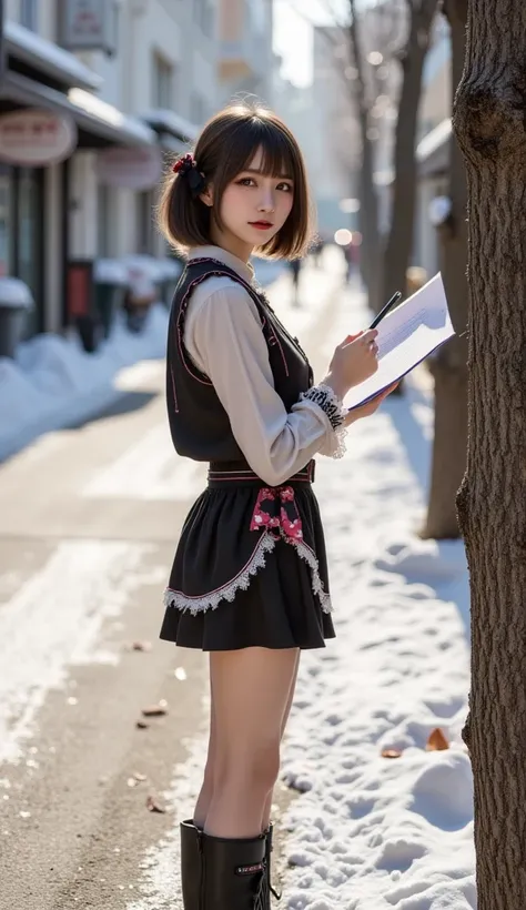  super real, Photorealistic, Dramatic Scene, shadow, Global Illumination, Alone, ( Famous Japanese Young Idol Woman ),  A very beautiful and fragile Japanese girl , black haired short bob、 very cute face preparing paperwork ,full body,  slim waist , (Minis...