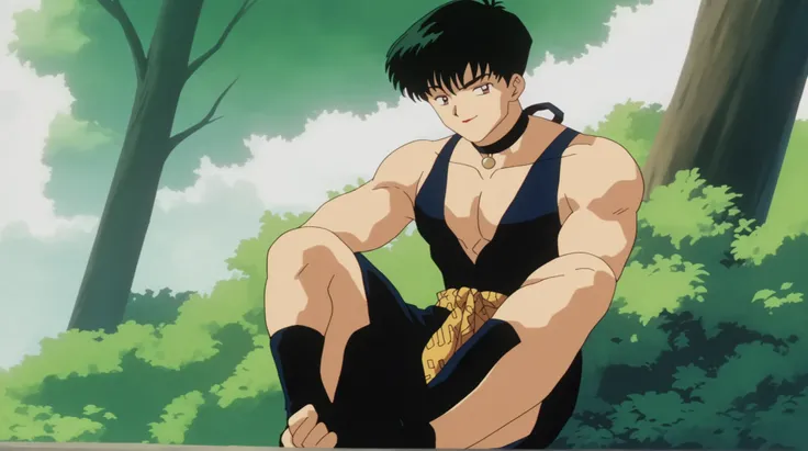 anime screencap, score_9, score_8_up, score_7_up, source_anime BREAK yurainu, 1boy, solo,  forest background, white background:1.3, retro artstyle BREAK full body, black dress, muscle man, cleavage, black choker, black bridal gauntlets, yellow obi, sitting...