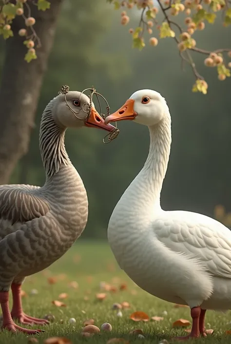 A Goose visits elegantly with a eyeglass 